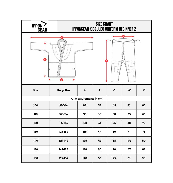 Größentabelle Judoanzug Ju Jutsu Ippon Gear ® Beginner 2 100-160 weiß / blau