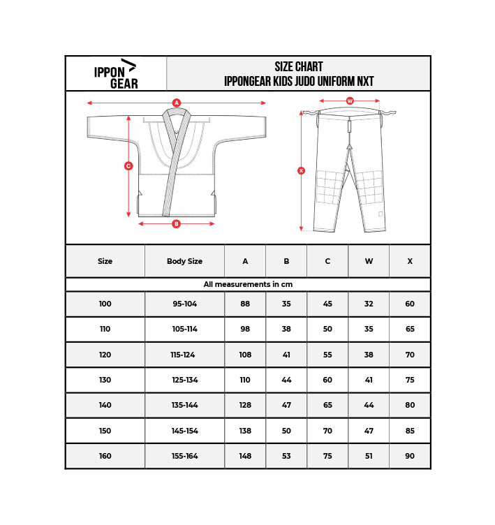 Größentabelle Judoanzug Ippon Gear® NXT, weiß, verschiedene Schulterstreifen, Größen 100-160