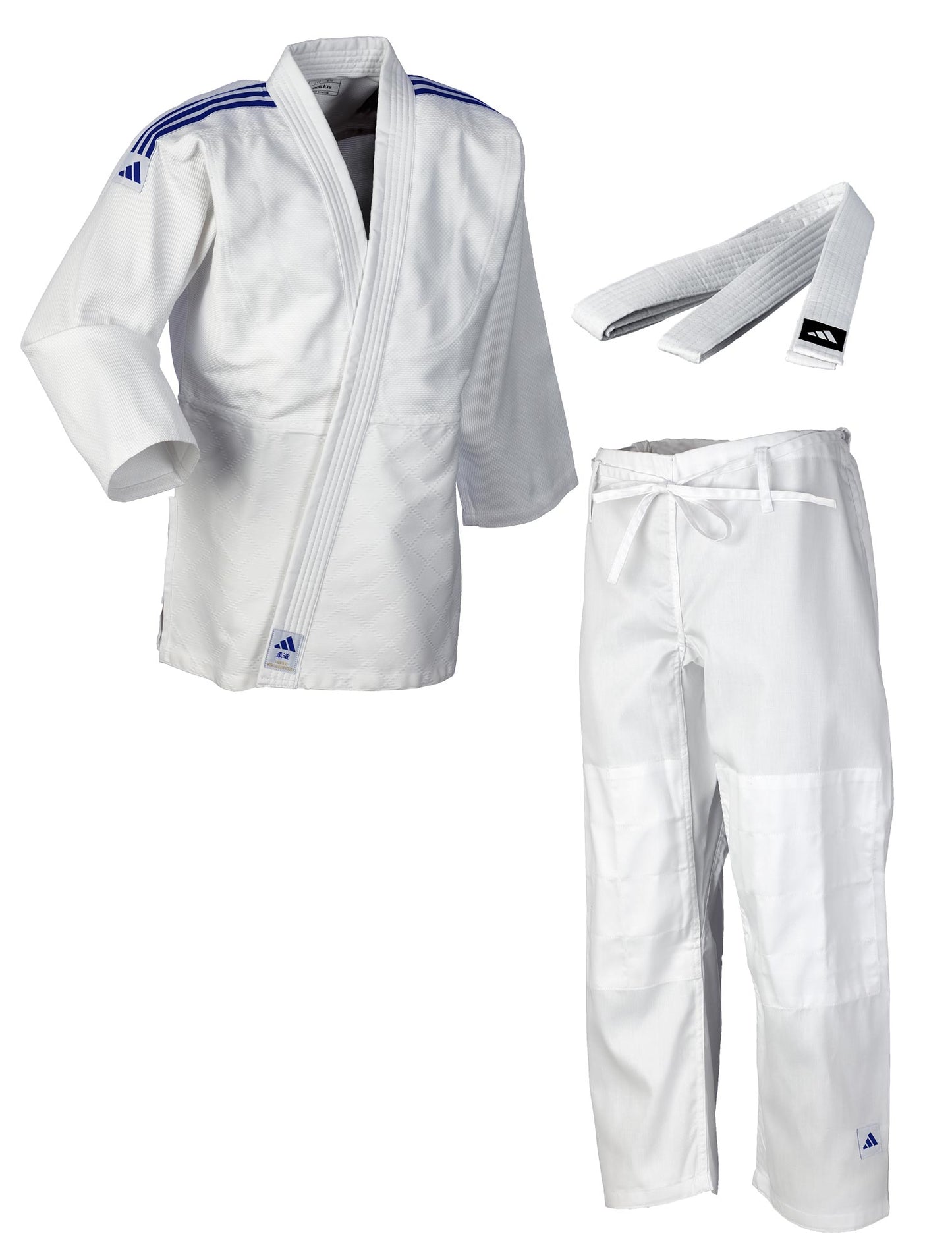 Judoanzug adidas® Club Gi J350, weiß/blau 120-180, blaue Streifen