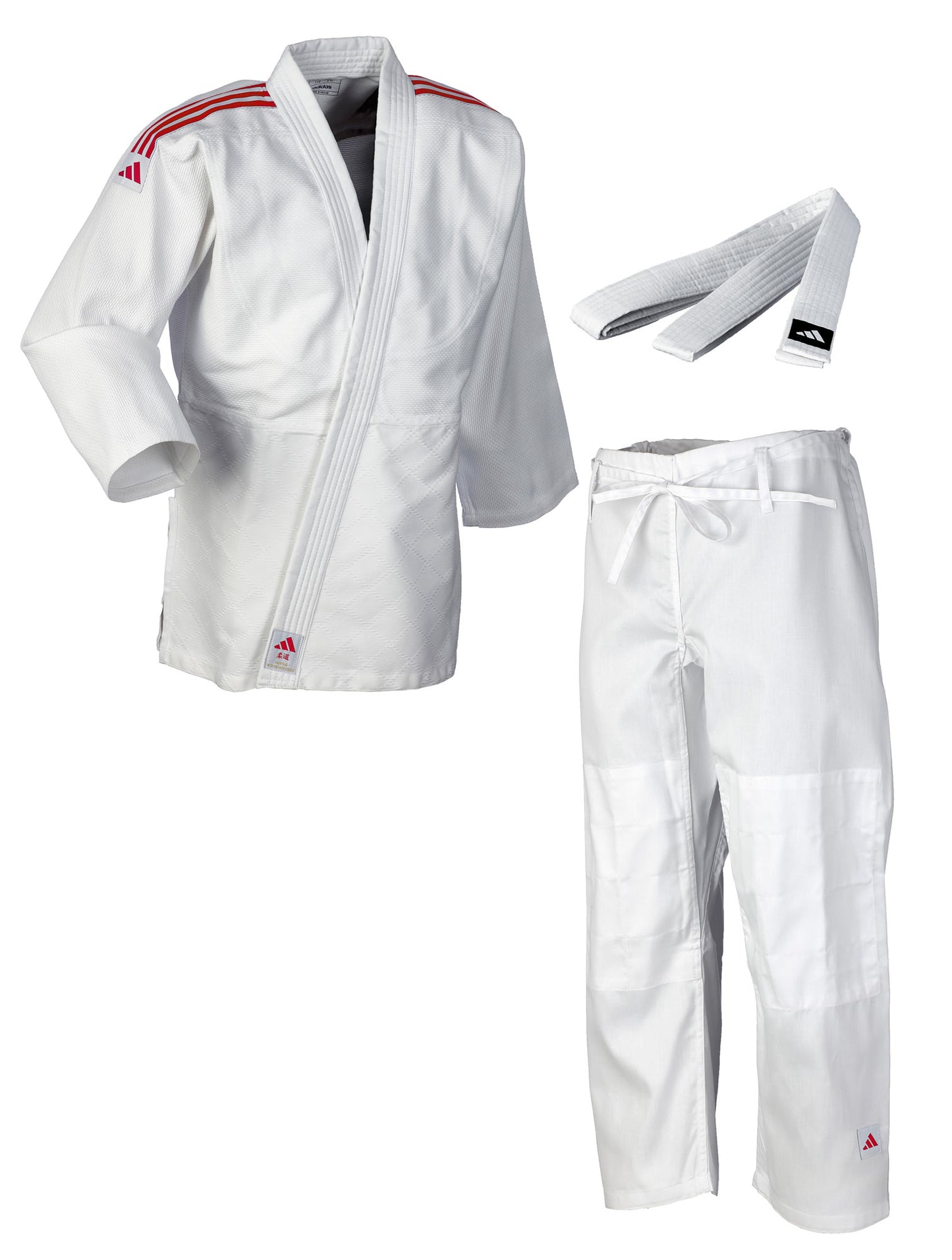Judoanzug adidas® Club Gi J350, weiß/blau 120-180, rote Streifen