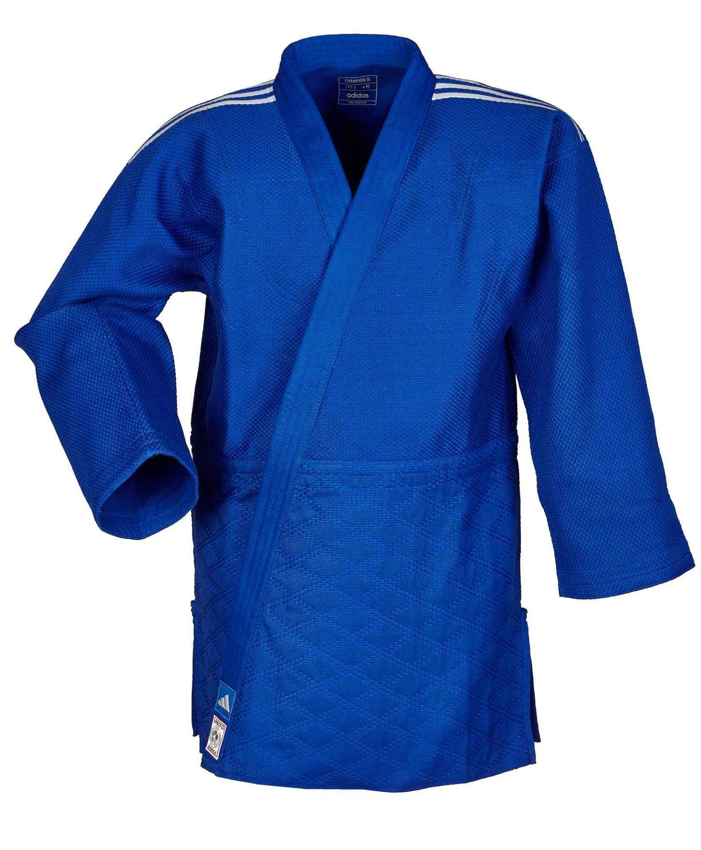 IJF Judoanzug adidas® Champion III Wettkampfanzug, weiß/blau 150-200 reg/slim