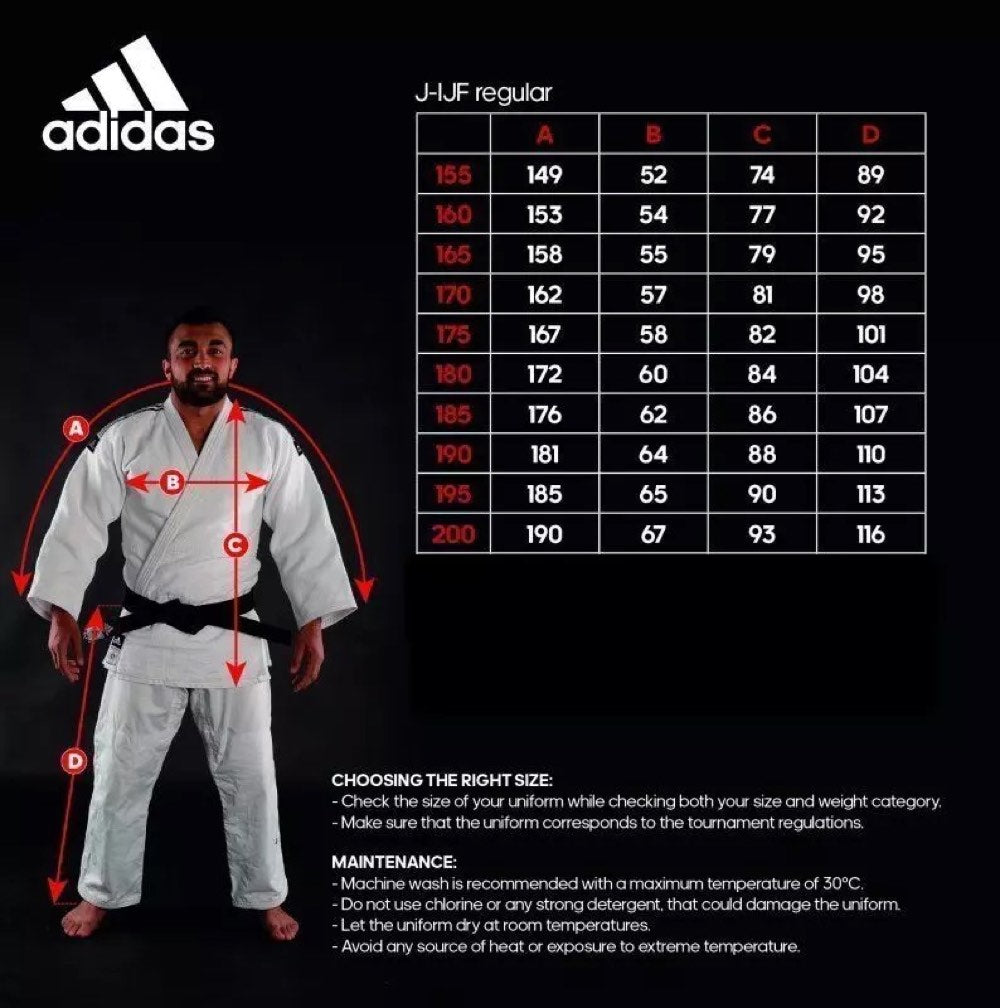 Größentabelle IJF Judoanzug adidas® Champion III Wettkampfanzug, weiß/blau 150-200 reg/slim