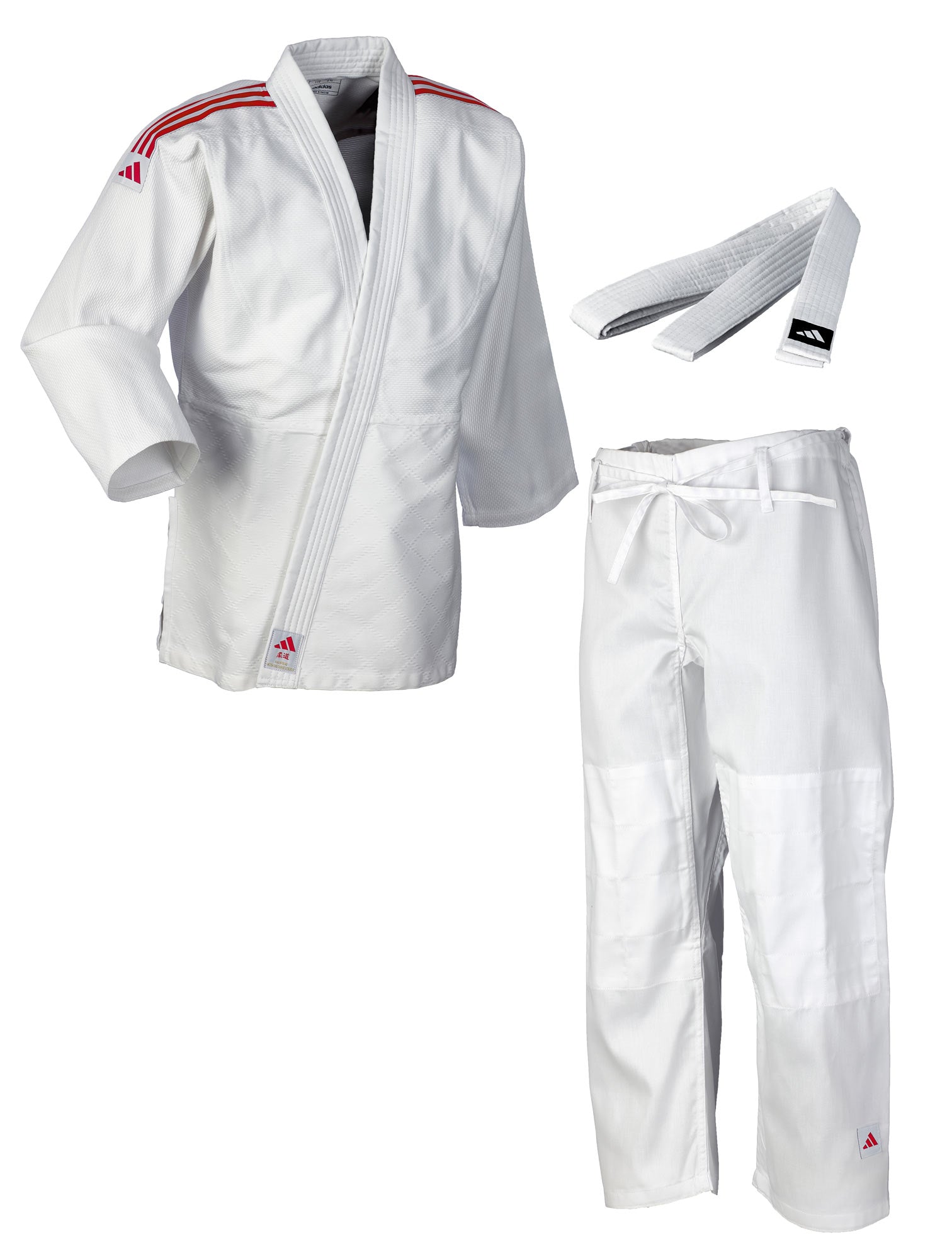 Judoanzug adidas® Club Gi J350, weiß/blau 120-180, rote Streifen